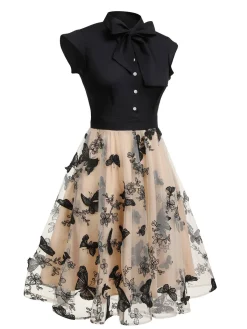 Online Retro Stage Black 1950s Butterfly Patchwork Vintage Dress