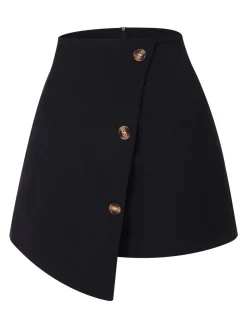 Best Retro Stage 1940s Button Irregular Hem Skirt Black