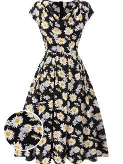 Clearance Retro Stage 1940s Cap Sleeve Daisy Dress Black