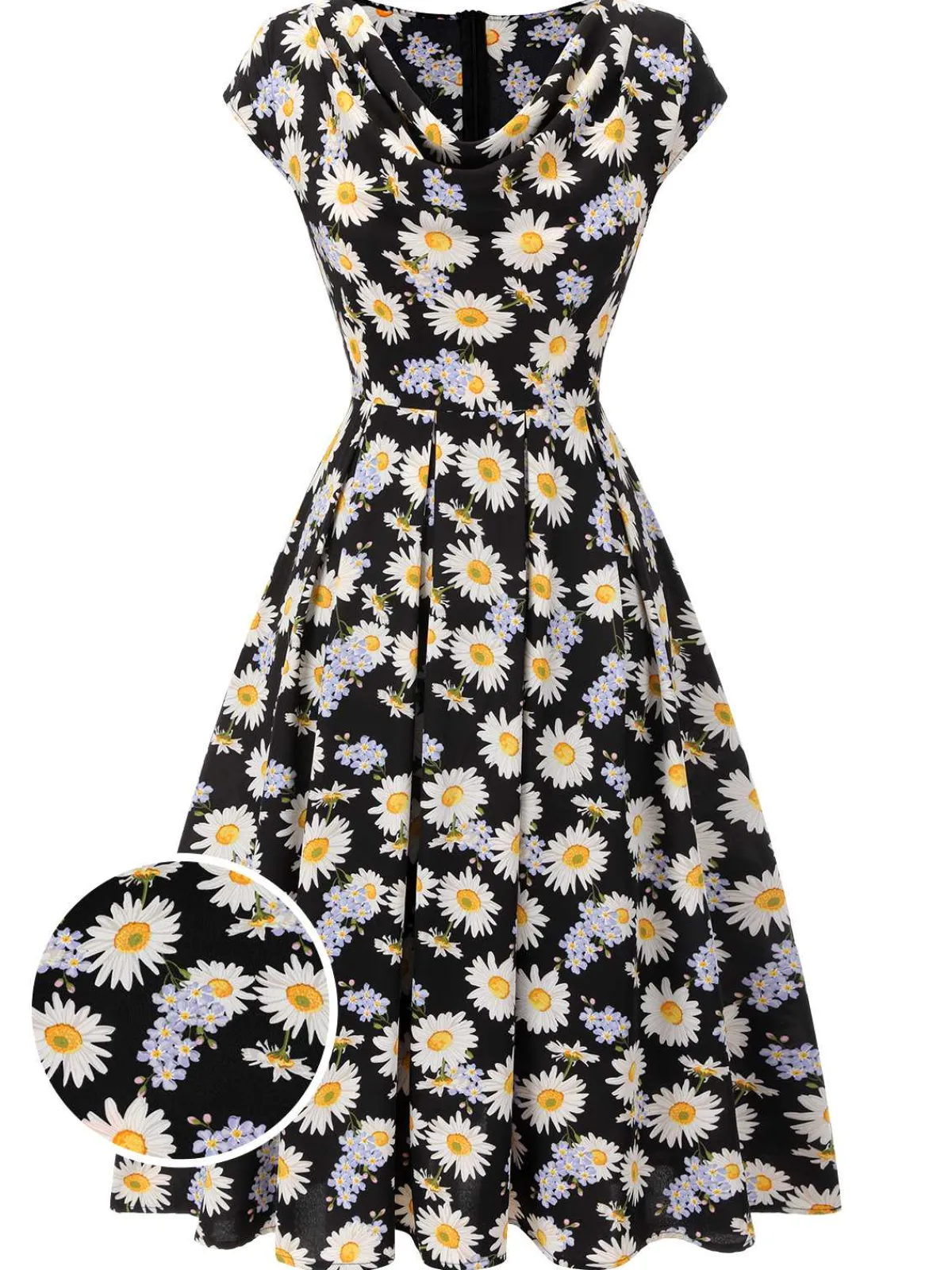 Clearance Retro Stage 1940s Cap Sleeve Daisy Dress Black