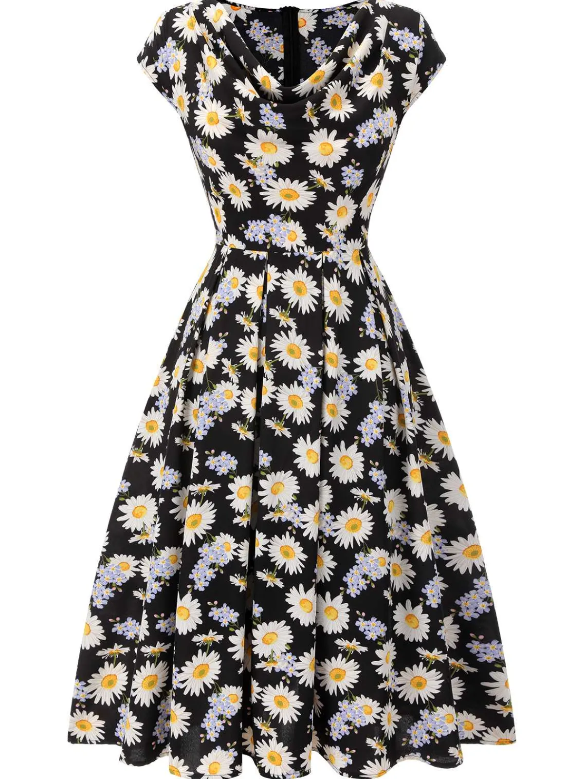 Clearance Retro Stage 1940s Cap Sleeve Daisy Dress Black