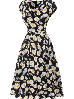 Clearance Retro Stage 1940s Cap Sleeve Daisy Dress Black