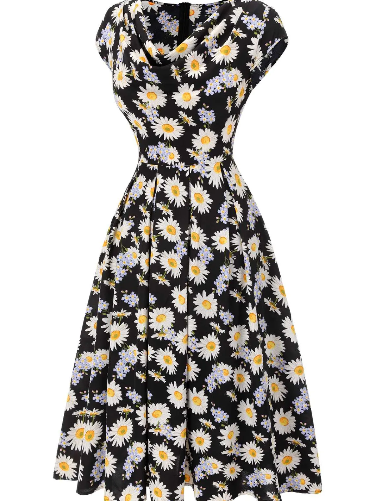 Clearance Retro Stage 1940s Cap Sleeve Daisy Dress Black
