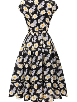 Clearance Retro Stage 1940s Cap Sleeve Daisy Dress Black