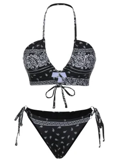 Fashion Retro Stage 1930s Cashew Flowers Lace-Up Bikini Set Black
