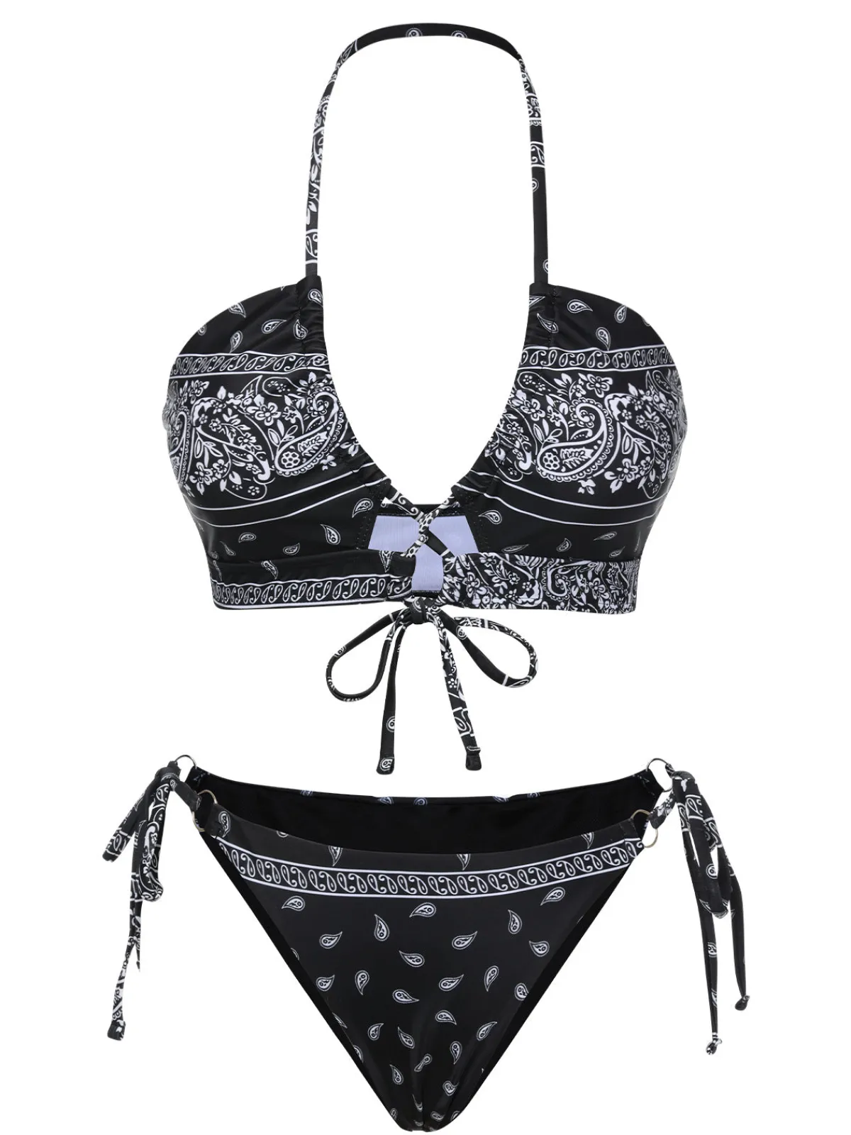 Fashion Retro Stage 1930s Cashew Flowers Lace-Up Bikini Set Black