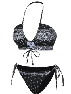 Fashion Retro Stage 1930s Cashew Flowers Lace-Up Bikini Set Black