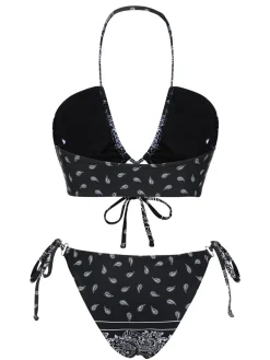 Fashion Retro Stage 1930s Cashew Flowers Lace-Up Bikini Set Black