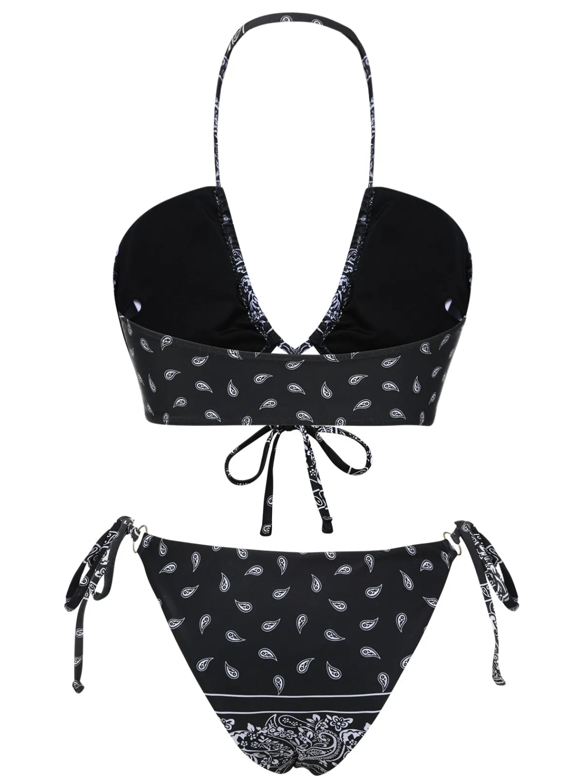 Fashion Retro Stage 1930s Cashew Flowers Lace-Up Bikini Set Black