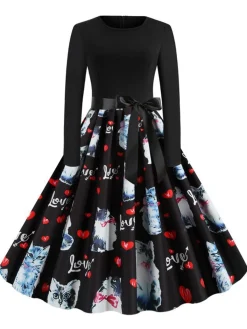 Fashion Retro Stage 1950s Cat Heart Belted Dress Black
