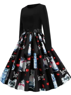 Fashion Retro Stage 1950s Cat Heart Belted Dress Black