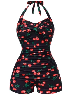 Online Retro Stage 1940s Cherry Halter One-Piece Swimsuit Black
