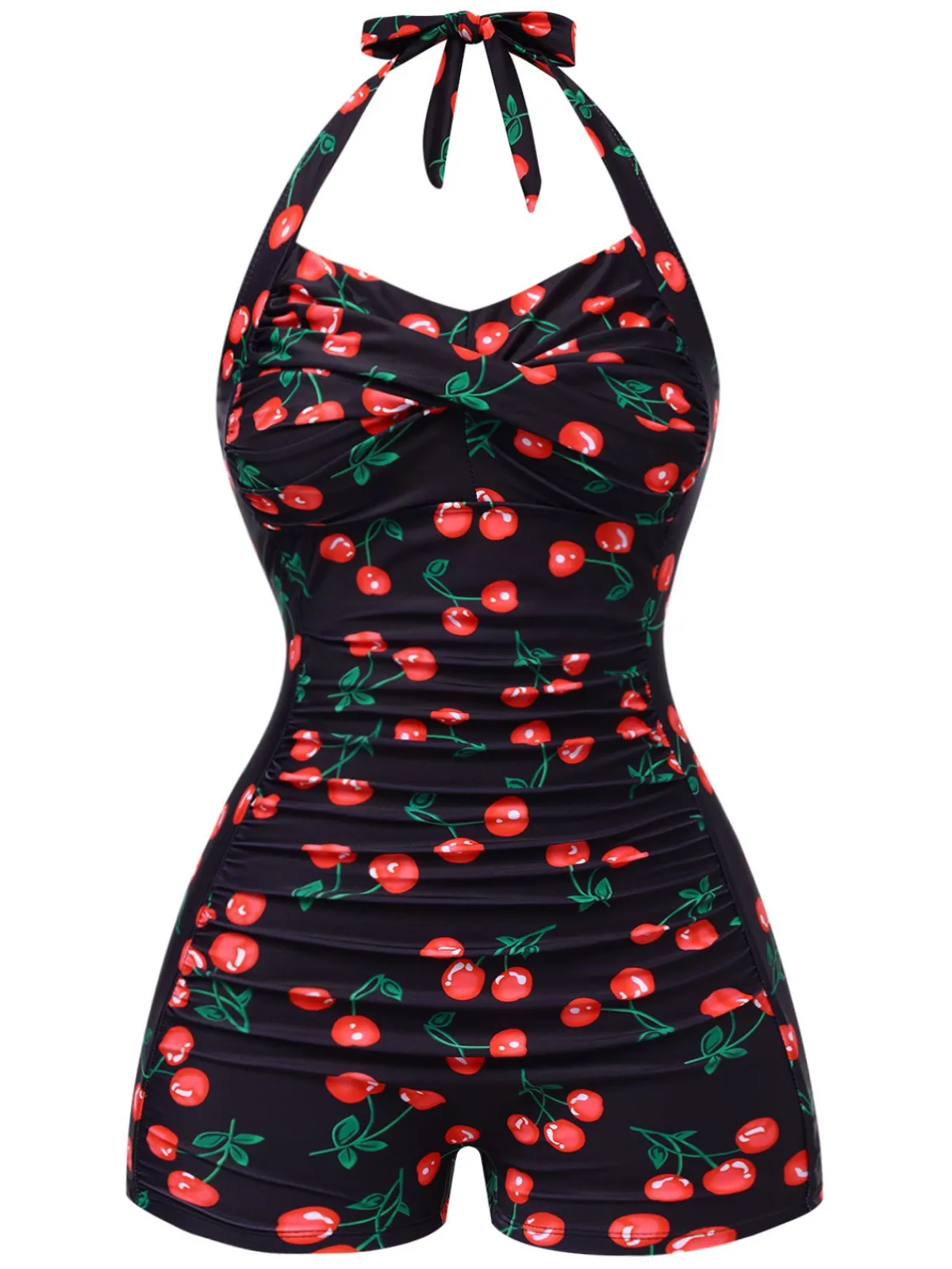 Online Retro Stage 1940s Cherry Halter One-Piece Swimsuit Black