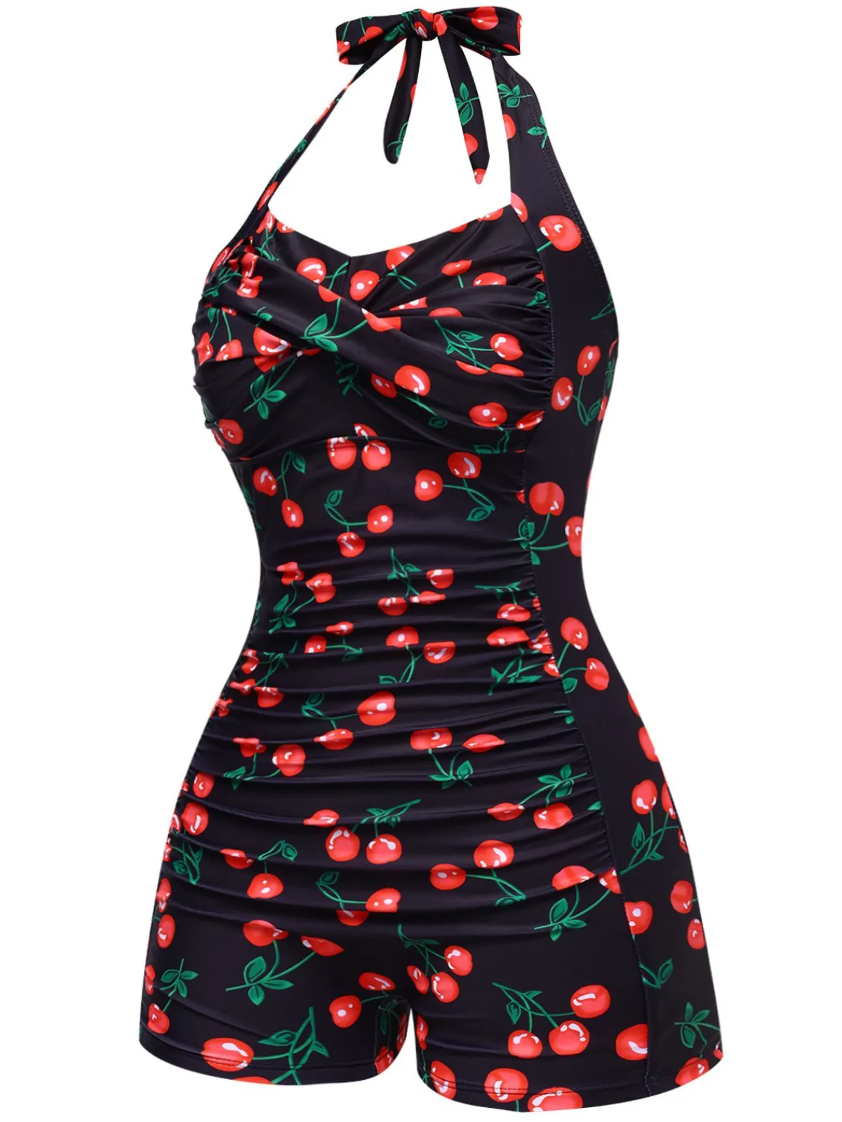 Online Retro Stage 1940s Cherry Halter One-Piece Swimsuit Black