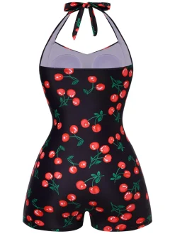 Online Retro Stage 1940s Cherry Halter One-Piece Swimsuit Black
