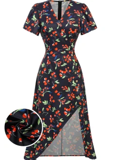 New Retro Stage Black 1940s Cherry V-Neck Added Button Dress