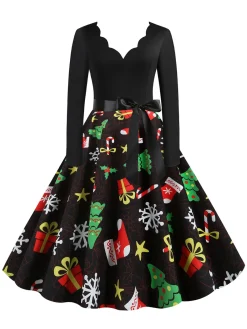 Clearance Retro Stage 1950s Christmas Gift Tree Belted Dress Black