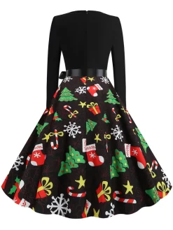 Clearance Retro Stage 1950s Christmas Gift Tree Belted Dress Black