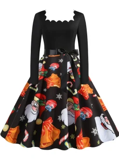 Discount Retro Stage 1950s Christmas Santa Belted Dress Black