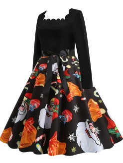 Discount Retro Stage 1950s Christmas Santa Belted Dress Black