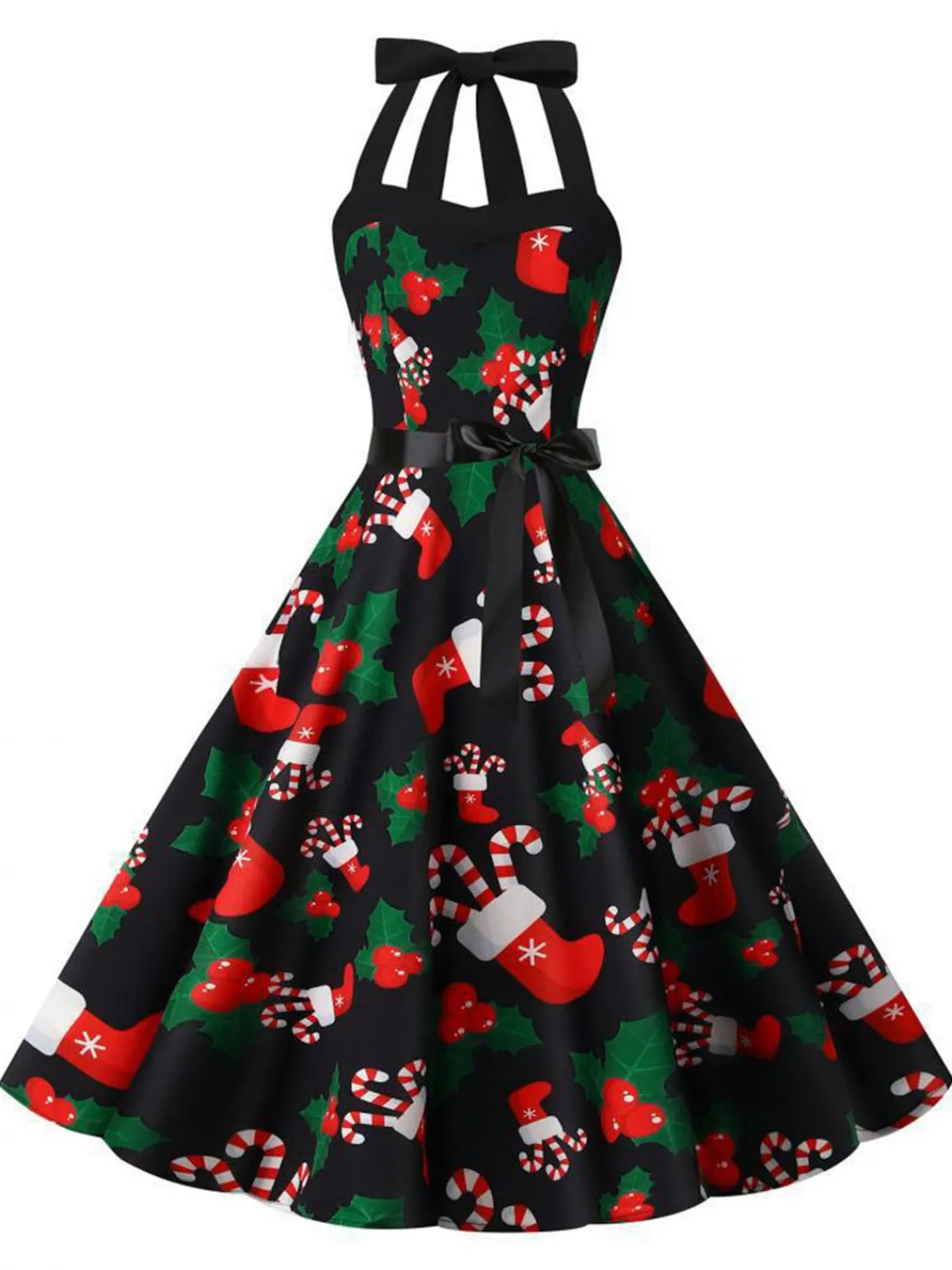 Discount Retro Stage 1950s Christmas Santa Socks Halter Dress Black