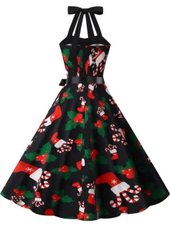 Discount Retro Stage 1950s Christmas Santa Socks Halter Dress Black