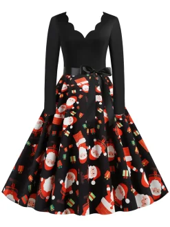 New Retro Stage 1950s Christmas V-Neck Santa Claus Dress Black