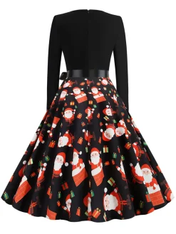 New Retro Stage 1950s Christmas V-Neck Santa Claus Dress Black