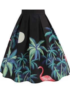Best Retro Stage 1950s Coconut Trees Flamingo Swing Skirt Black
