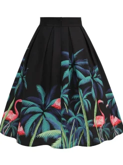 Best Retro Stage 1950s Coconut Trees Flamingo Swing Skirt Black