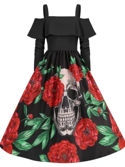 Hot Retro Stage 1950s Cold-Shoulder Halloween Skull Roses Dress Black