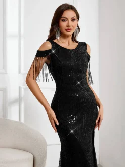 Online Retro Stage 1920s Cold-Shoulder Split Sequined Dress Black