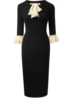 Best Retro Stage 1960s Colorblock Tie Neck Pencil Dress Black