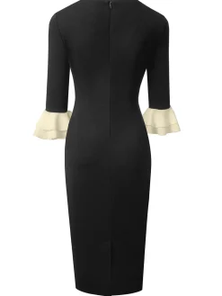 Best Retro Stage 1960s Colorblock Tie Neck Pencil Dress Black