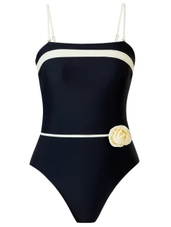 Outlet Retro Stage 1940s Contrast 3D Rose Belted Swimsuit Black