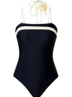 Outlet Retro Stage 1940s Contrast 3D Rose Belted Swimsuit Black