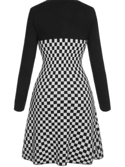 Hot Retro Stage 1940s Contrast Plaid Patchwork Dress Black