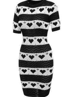 Sale Retro Stage Black 1960s Contrasting Heart Knitting Dress