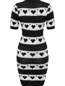 Sale Retro Stage Black 1960s Contrasting Heart Knitting Dress