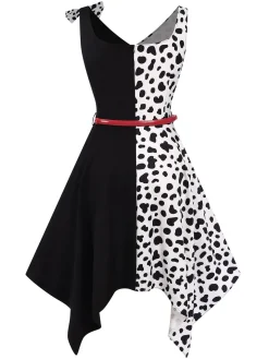 Best Retro Stage 1970s Cow Spots Patchwork Dress Black