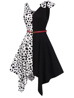 Best Retro Stage 1970s Cow Spots Patchwork Dress Black