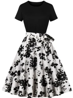 Clearance Retro Stage Black 1950s Crew Neck Patchwork Swing Dress