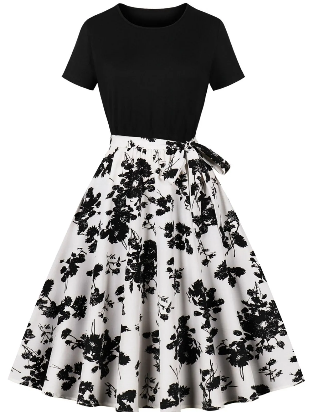 Clearance Retro Stage Black 1950s Crew Neck Patchwork Swing Dress