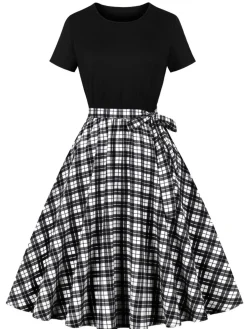Clearance Retro Stage Black 1950s Crew Neck Patchwork Swing Dress