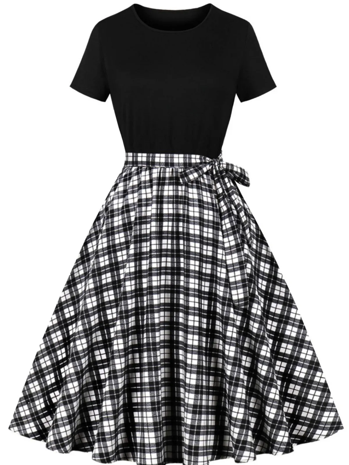 Clearance Retro Stage Black 1950s Crew Neck Patchwork Swing Dress