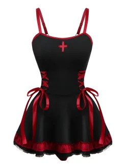 Hot Retro Stage 1950s Cross Contrast Ruffle Hem Nightdress Black