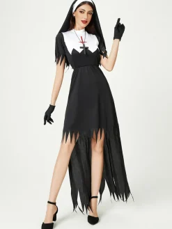 Fashion Retro Stage 1980s Cross Patchwork Dress & Nun Veil & Gloves Black