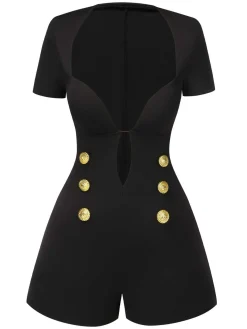 Fashion Retro Stage 1950s Cut-Out Buttoned Solid Romper Black