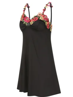 Fashion Retro Stage 1950s 3D Floral Suspender Sleepwear Black