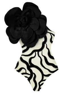 Hot Retro Stage 1940s 3D Camellia One Shoulder Swimsuit Black
